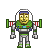 Pixel art of a character in green and silver armor with red-and-white striped shoulder pads, standing against a gray background.