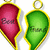 Two heart-shaped pendants with yellow borders, one red with 'Bex' text and one green with 'Frank' text, displayed on a white background.