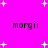 Bright pink background with scattered white plus signs; four instances of the text 'morgii' in black pixelated font arranged in a pattern