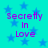 Cyan background with blue stars and purple text reading "Secretly In Love" in four repeated sections.