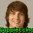 Pixelated portrait of a person with brown hair and light skin, smiling against a neutral background with green text at the bottom.