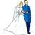 Pixelated image of two figures in formal attire, one in blue suit holding a circular object, the other in white dress with long veil.