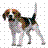 Pixelated dog icon with multicolored fur, standing on a dotted background; tail raised and head turned left.