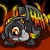 Animated pixel art of a small dark gray creature with orange eyes and yellow-orange flames on its wings, standing against a black background with red ground, shown in five sequential frames.