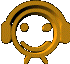 Golden mechanical object with circular face and three legs, showing multiple views including smiley expression, cross-shaped opening, and side profile.