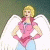 Pixelated cartoon angel with blonde hair and white wings wearing pink top and light blue pants standing against gray background, next to green text reading "Original Icons .com" on dark green background.