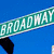 six distinct images featuring Broadway street signs, Playbill covers, and other theatrical imagery including a blue dress silhouette