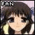 Three anime-style character portraits in a , each with 'FAN' text above; left shows dark-haired figure, top-right light brown hair smiling, bottom-left blonde hair looking down