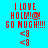 Red pixelated text and symbols on blue backgrounds with two heart icons below, displayed in a