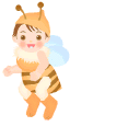 A 4-frame animated contact sheet of a cartoon bee-costumed child with light blue wings, brown stripes, and antennae running against a gray background.