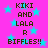 Pixelated text on a pink background with cyan stars, repeating 'KIKI AND LALA R BIFFLES!!' in two vertical