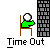 Pixelated green figure sits on brown chair beside gray brick wall, with text below reading 'Time Out' and partial phrases like 'This...' or 'SUCKS'.