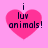 Four identical pink heart-shaped icons with pixelated text "i luv animals!" on a light pink background, arranged in a