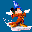 Pixelated character in orange robe and blue hat casts spell on white cloud against solid blue background, with yellow spark effects.