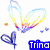 Rainbow heart, blue butterfly, black outline hearts, pink piglet with small pink heart above it, and two 'Trina' text blocks in blue/teal and pink/orange color schemes.