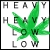Static pixel art icon featuring a green cannabis leaf overlaid on repeated gray text "HEAVY" and "LOW" in a grid pattern against white background.
