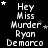 Black background with white pixelated text reading "Hey Miss Murder Ryan De marco" arranged in vertical , interspersed with small white stars