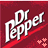 Red background with white 'Dr Pepper' text and red diagonal stripes; four pink star-like shapes in bottom-right corner.