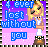Pixel art buddy icon featuring a blonde anime-style character and blue text on a purple-to-pink gradient background with black-and-white striped border.