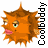 Animated 48x48 pixel buddy icon featuring a spiky orange fish-like creature with changing facial expressions and text on the right side, displayed as two sequential frames in a contact sheet layout.