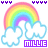 Pixelated rainbow with blue-outlined clouds and purple text 'MILYE' below, displayed in a of four identical