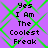 Purple background with green diamond lattice pattern and black pixelated text reading "Yes I Am The Coolest Freak" repeated in four identical sections.