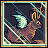Pixel art of a brown rabbit with long ears and glowing eyes, holding a light blue and white object, surrounded by teal and orange lines on a dark background.