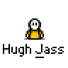 Animated contact sheet of a pixel art character with changing speech bubbles and pose across 16 frames, each labeled "Hugh Jass" below the icon.