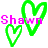Pixelated static icon featuring pink text 'Shawn' overlaid on two green heart outlines against a white background.