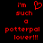 Red pixelated text on black background reads 'i'm such a potterpal lover!!!' with heart symbol replacing 'a' in first instance.