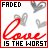 Red border frames white background with 'FADED' text top-left, red cursive 'love', and black block letters 'IS THE WORST'. Gray pixelated hearts float above.