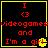Four identical pixelated with black backgrounds, yellow borders, red text reading "I <3 videogames and I'm a girl," and small yellow Pac-Man-like symbols