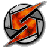 A circular icon with a black outline containing a stylized orange and red flame-like shape intersecting a gray and black abstract form.