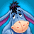 Pixelated blue character with purple ears and black hair holds a round light brown object with red spots against a gradient blue background.