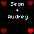 Pixel art displays "Sean + Audrey" text with red hearts on black background, showing two animation states of heart arrangement.