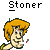 Pixelated cartoon character with orange hair and green shirt holding a cigarette, with smoke animation above the cigarette.