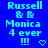 Blue background with repeated light blue text "Russell & & Monica 4 ever !!!" and small heart or arrow symbols changing position across frames.