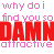 Pixelated text in pink and red on white background with gray rectangle, repeating 'why do i find you so DAMN attractive' across two