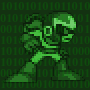 Green pixelated character with helmet and armor stands against binary code background, repeated in pattern