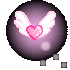 Pixelated animated buddy icon featuring a purple sphere with pink heart and white wings, showing frame-to-frame changes in background elements.