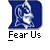 Two identical blue and white cartoon mascot icons with text "Fear Us" below each, displayed on a gray background next to red and black promotional text for badassbuddy.com.