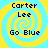 Four identical pixelated icons arranged in a , each featuring yellow and cyan spiral patterns with text reading Carter Lee Go Blue
