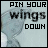 A 48x48 pixel animated buddy icon showing a stylized hourglass with text "PIN YOUR WINGS DOWN" in blocky font, where the word "wings" alternates between dark and light states across two frames.