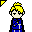 Pixel art character with yellow hair and blue outfit, showing sequential animation frames of hand gestures and particle effects.