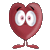 Red heart-shaped character with white eyes and black pupils, displaying multiple expressions including closed eyes, tears, and raised arms against gray background.