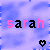 Pixelated text 'sarah' in pink and black letters on a blue-purple gradient background with two heart icons below.