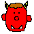 Two red pixelated devil heads with brown hair, black horns tipped in yellow, and open mouths showing teeth or a pink interior.