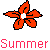 Six pixelated flower icons in red, orange, yellow, green, blue, purple hues with white centers arranged above repeating 'Summer' text.