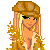 Pixelated cartoon character with long blonde hair, brown cap, and light skin; static image showing full figure from head to legs.
