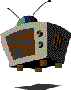 Pixelated retro TV with brown screen, two antennas, and four feet; animation shows white static lines on the screen.